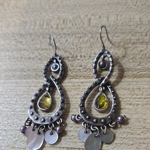 Vintage Y2k Silver Interlocking Teardrop and Simulated Opal Dangle Earrings